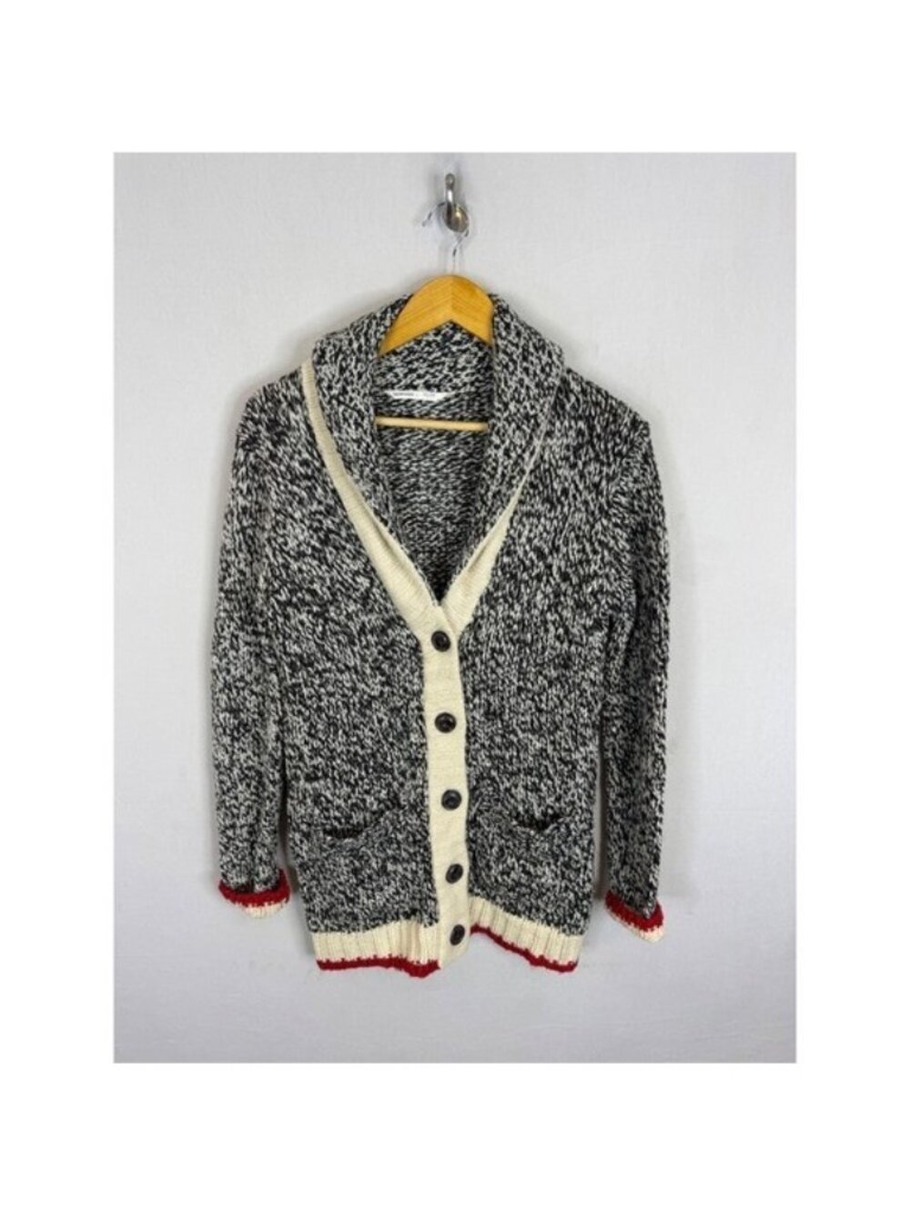 Bluenotes Womens M Shawl Collar Cardigan Sweater Black White Marl Knit